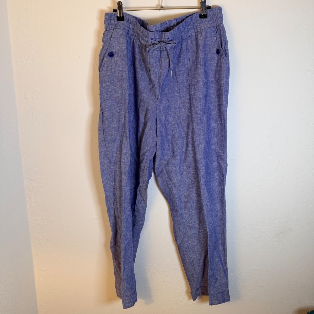Jones New York Womens L Blue‎ Linen Blend Drawstring Cuffed Pants Coastal